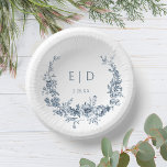 Cuencos De Papel Elegante Wreath floral azul grabado con Monograma<br><div class="desc">Diseño clásico y elegante con una flor floral azul grabada de inspiración vintage que rodea el monograma y fecha boda de la novia y el novio.</div>