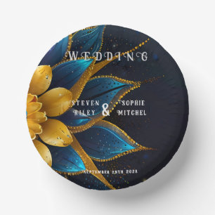 Cuencos De Papel Elegante zafiro y Boda floral de oro