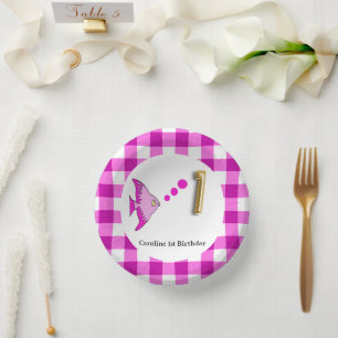 Cuencos De Papel Encantador Gingham, Pez Rosa y Globo Cumpleaños 1