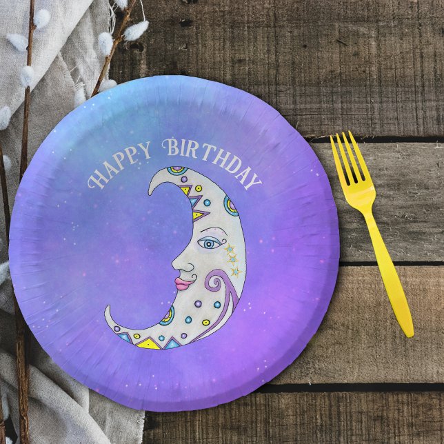 Cuencos De Papel Fantasía Crescent Moon Bonito frente a formas colo (Fantasy white crescent moon colourful abstract decorations, face on purple sky paper party bowls.)