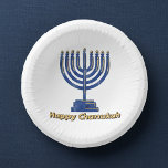 Cuencos De Papel Feliz Chanukah Menorah<br><div class="desc">Feliz texto de oro de Chanukah con una menorah azul en la parte delantera y dreidel en la parte trasera. El texto para quién es de y hacia está en la parte de atrás.</div>