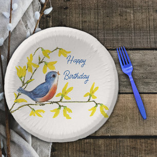 Cuencos De Papel Feliz cumpleaños Flores de la rama de pájaro azul 
