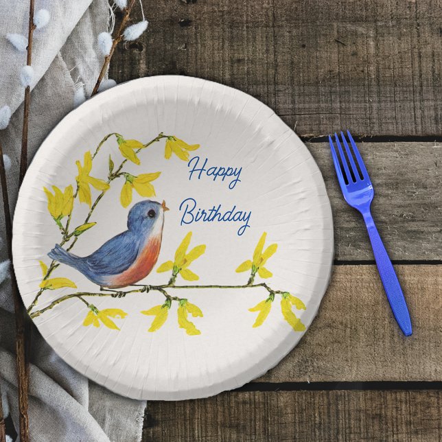 Cuencos De Papel Feliz cumpleaños Flores de la rama de pájaro azul  (Cute Happy Birthday red blue bird on branch with pretty yellow spring flowers on white paper bowl.)