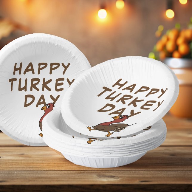 Cuencos De Papel Feliz Día de Turquía, divertida bolera de papel de (Happy Turkey Day! Fun cartoon turkey paper bowls ready to celebrate Thanksgiving with you)