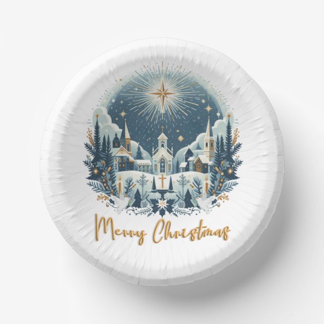 Cuencos De Papel Feliz Navidad azul y oro (Anverso)