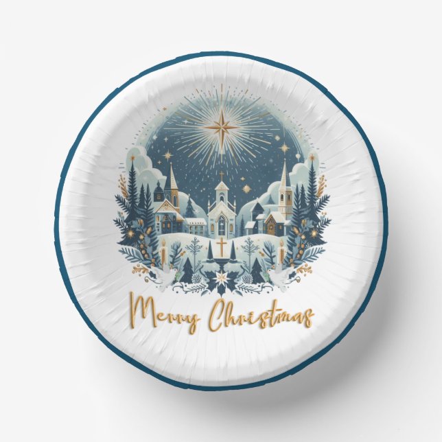 Cuencos De Papel Feliz Navidad azul y oro (Anverso)