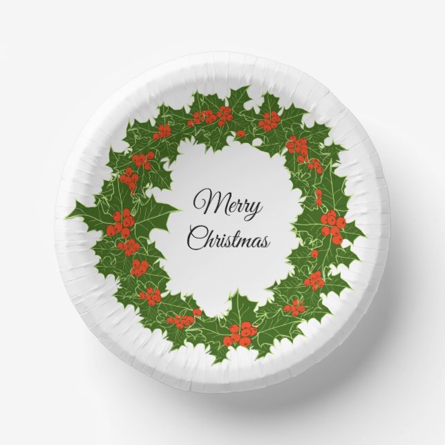 Cuencos De Papel Feliz Navidad Holly Wreath (Anverso)