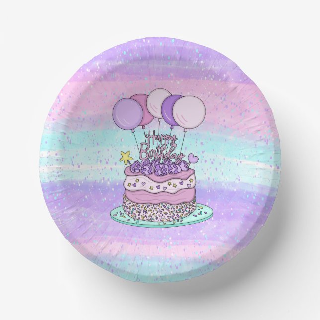 Cuencos De Papel Fiesta de cumpleaños feliz rosa y morado (Anverso)