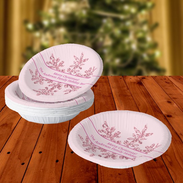 Cuencos De Papel Fiesta de Navidades de Glam Cute Rosa y Snowflake (Festive Christmas paper bowls with faux sparkle pink snowflakes... what could be more fun?)