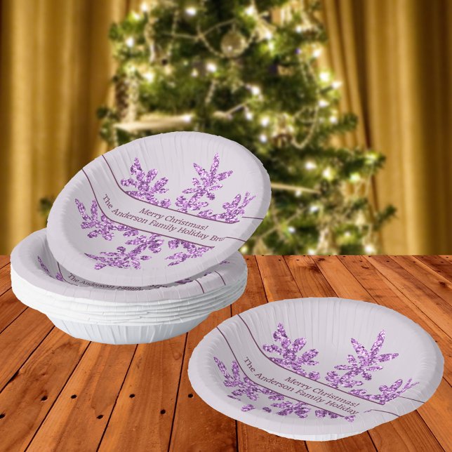 Cuencos De Papel Fiesta de Navidades de Snowflake Purple Glam Cute (These festive personalized holiday bowls with purple snowflakes are fun for your Christmas parties)