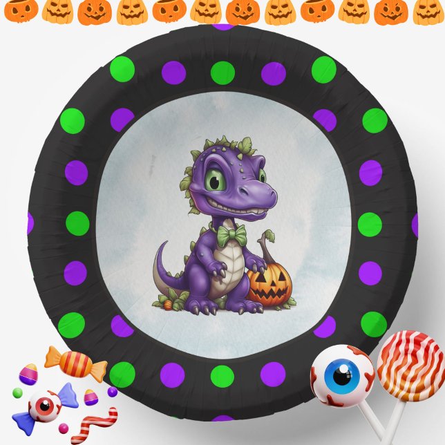 Cuencos De Papel Fiesta Dino-Mash de los dinosaurios de Halloween (Halloween Dinosaur Dino-Mash Party Paper Bowls with polka dots)