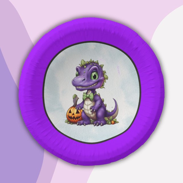 Cuencos De Papel Fiesta Dino-Mash de los dinosaurios de Halloween (Purple trim dino Halloween Paper Bowl)