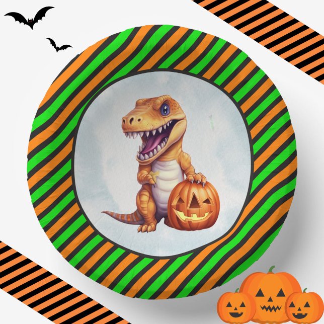 Cuencos De Papel Fiesta Dino-Mash de los dinosaurios de Halloween (T-Rex Dino Halloween Bowls with Stripes)