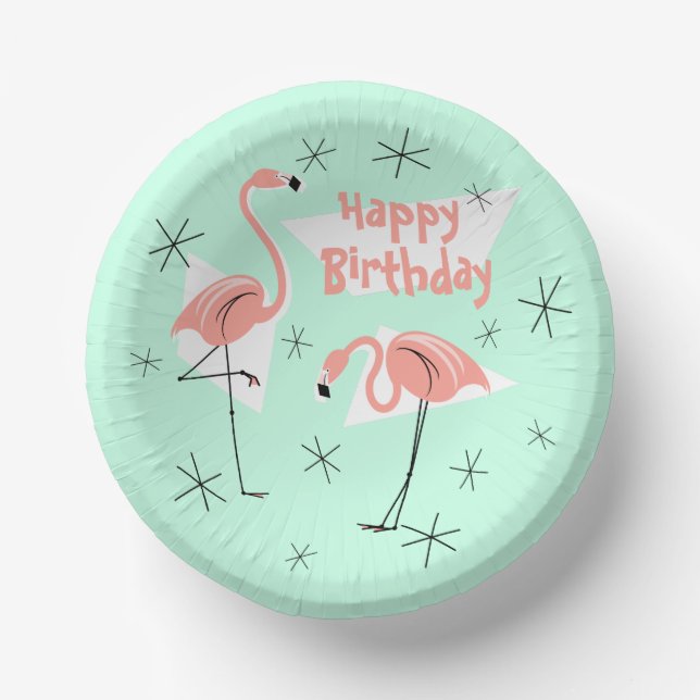 Cuencos De Papel Flamingos Retro Green Feliz cumpleaños (Anverso)