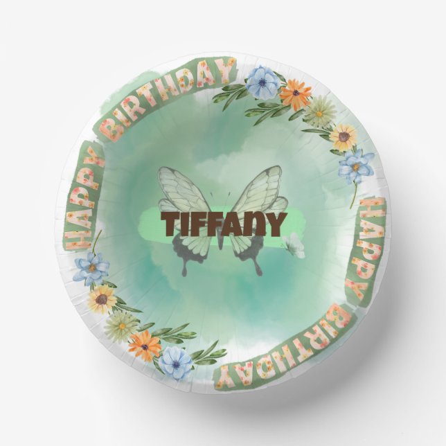 Cuencos De Papel Flor y mariposa Placa de cumpleaños (Anverso)