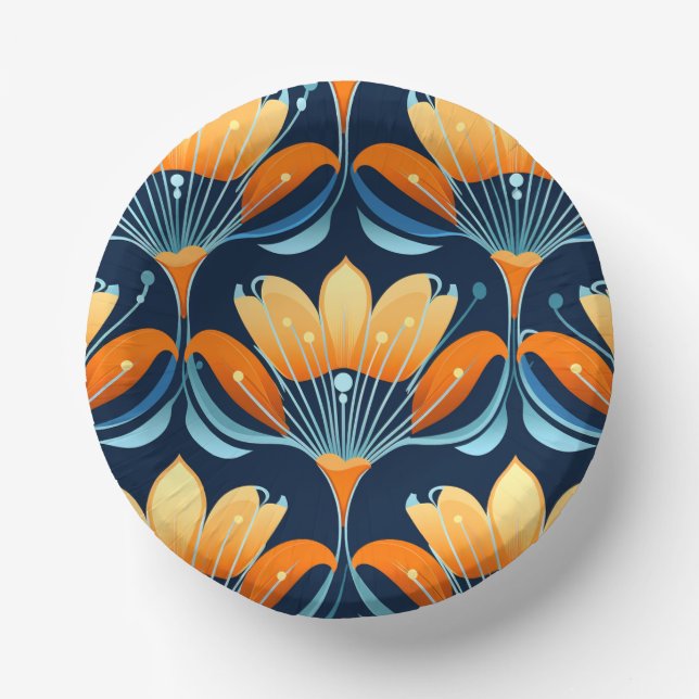 Cuencos De Papel Flores azul naranja Art Deco (Anverso)