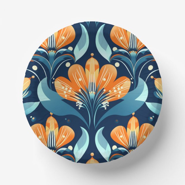 Cuencos De Papel Flores azul naranja Art Deco (Anverso)