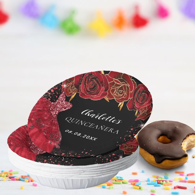 Cuencos De Papel Flores de vestido rojo negro Quinceanera (Subido por el creador)