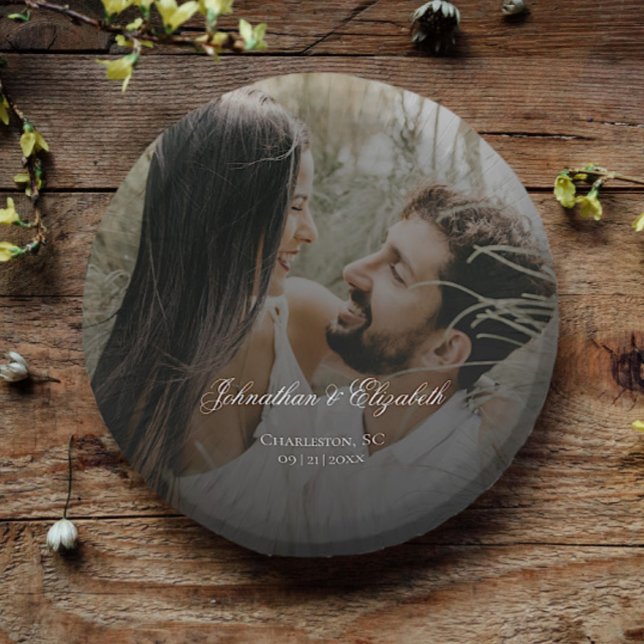 Cuencos De Papel Foto moderna con Boda negro superpuesto (Modern Photo with Black Overlay Wedding Paper Bowls)