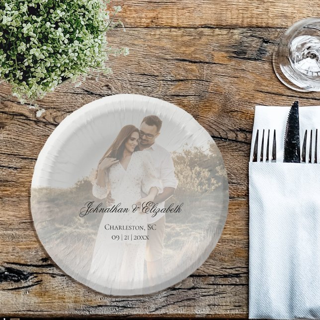 Cuencos De Papel Foto moderna con Boda superpuesto (Modern Photo and Overlay Wedding Paper Bowls)
