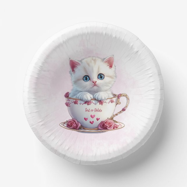 Cuencos De Papel Gatito en taza de papel con flores rosas (Anverso)
