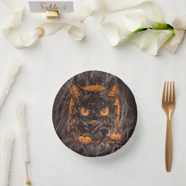 Cuencos De Papel Gato negro de Halloween con calabazas y luna (Boda)