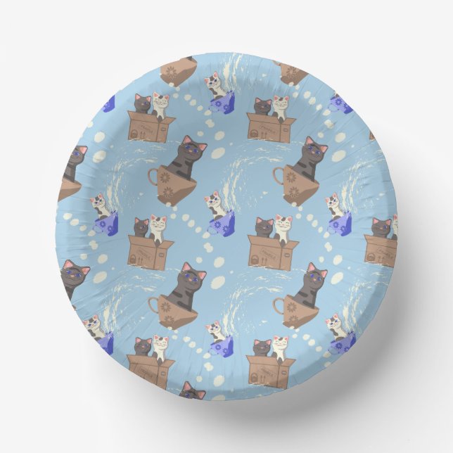 Cuencos De Papel Gatos en caja y gotas de leche en azul (Anverso)