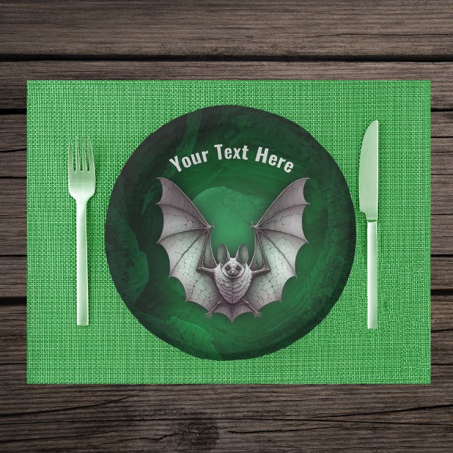 Cuencos De Papel Grey Flying Bat Glowing Green Spooky Cave (Grey flying furry bat in glowing green spooky cave on Halloween paper party bowl.)
