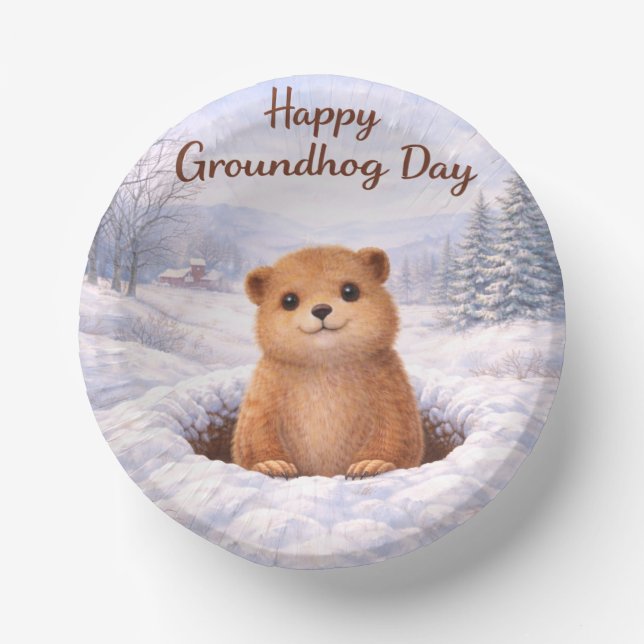 Cuencos De Papel Groundhog Day-themed paper plates (Anverso)