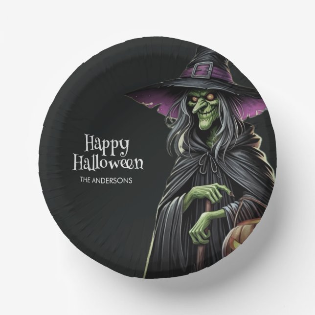Cuencos De Papel Halloween con temática de bruja asustada (Anverso)