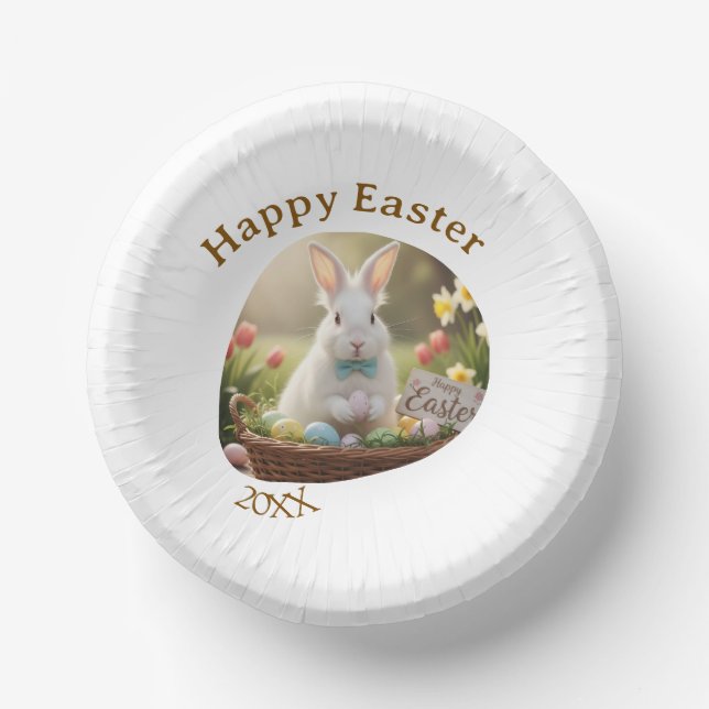 Cuencos De Papel Happy Easter white bunny year photo family name  (Anverso)