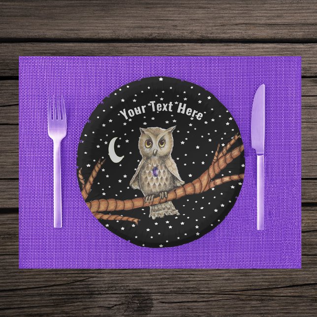 Cuencos De Papel Lechuza de bonito collar de cristal Estrellas luna (Pretty owl on tree branch in moon and stars on black paper party bowls.)