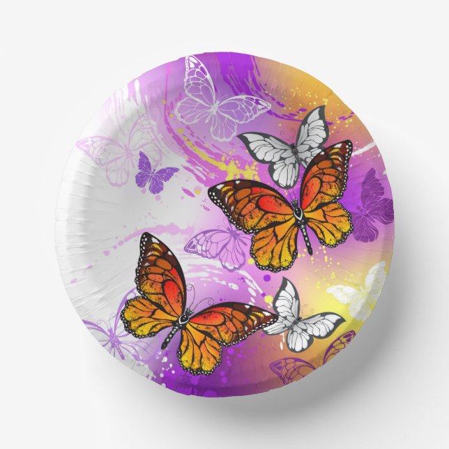 Cuencos De Papel Mariposas Monarca sobre Fondo Púrpura (Anverso)