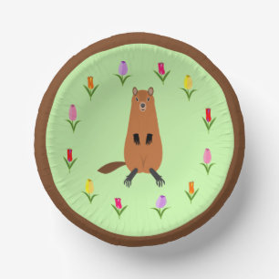 Cuencos De Papel Marmota adorable y flores de tulipán