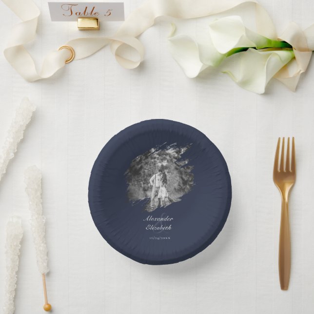 Cuencos De Papel Modern Brushstroke Photo Wedding | Navy Blue (Boda)