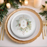 Cuencos De Papel Monograma floral de Navidades simplemente elegante<br><div class="desc">Este precioso bol de papel botánico de invierno incluye ramos de rosas y flores de marfil,  bayas rojas,  abetos y copos dorados de nieve rodeando una elegante etiqueta dorada para su monograma sobre un fondo gris perla pálida. Incluye campos de texto modificables.</div>