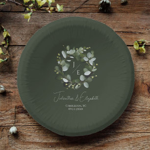 Cuencos De Papel Monograma moderno Eucalyptus Wreath Boda