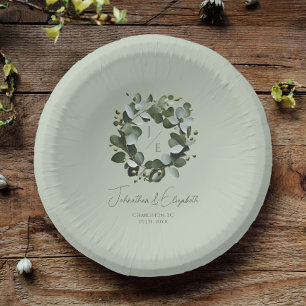 Cuencos De Papel Monograma moderno Eucalyptus Wreath Boda
