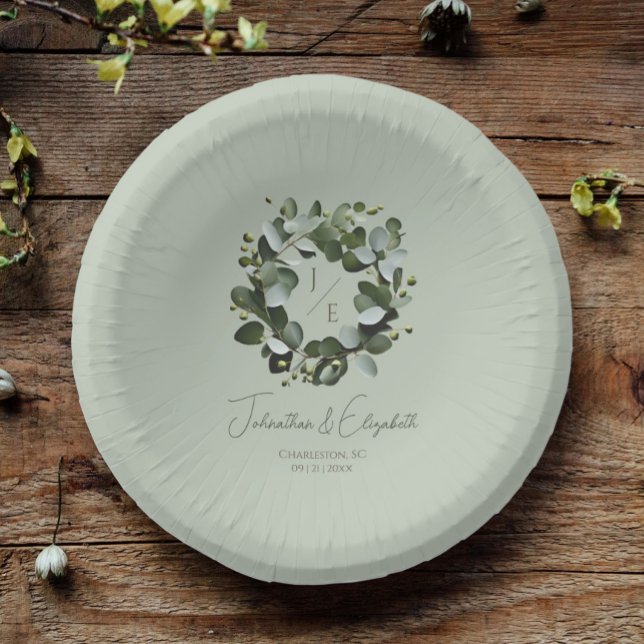 Cuencos De Papel Monograma moderno Eucalyptus Wreath Boda (Sage Green Modern Monogram Eucalyptus Wreath Wedding Paper Bowls)