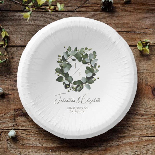 Cuencos De Papel Monograma moderno Eucalyptus Wreath Boda | Blanca (White Modern Monogram Eucalyptus Wreath Wedding Paper Bowls)