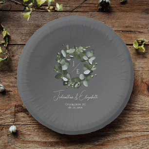 Cuencos De Papel Monograma moderno Eucalyptus Wreath Boda Gris
