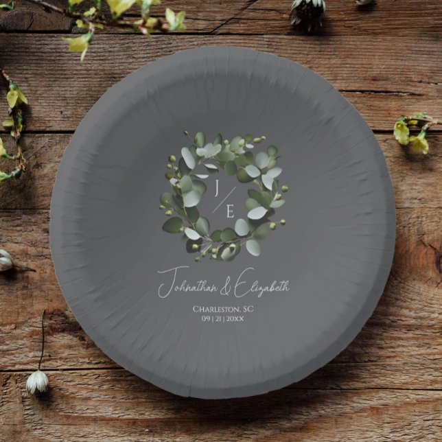 Cuencos De Papel Monograma moderno Eucalyptus Wreath Boda Gris (Gray Modern Monogram Eucalyptus Wreath Wedding Paper Bowls)