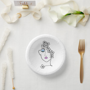 Cuencos De Papel Mujer con flores arte de línea