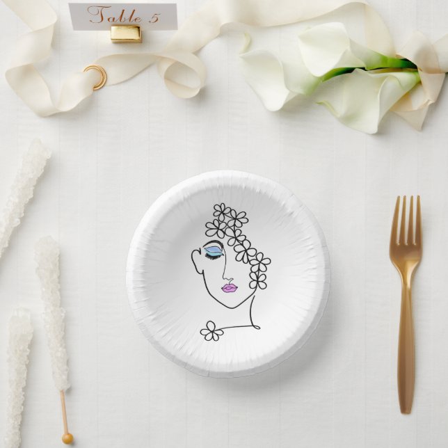 Cuencos De Papel Mujer con flores arte de línea (Boda)