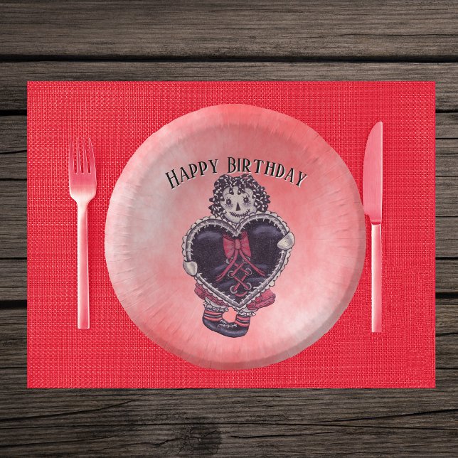 Cuencos De Papel Muñeca de trapo gótica de cumpleaños corazón negro (Goth cloth doll stiched mouth striped stockings black heart on pink red Birthday paper party bowl.)