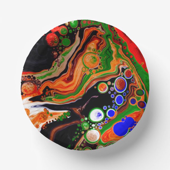 Cuencos De Papel Naranja, azul, verde, negro, arte de fluido digita (Anverso)
