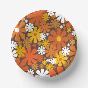 Cuencos De Papel Naranja de patrón floral de los años 70 retro y ma
