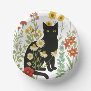Cuencos De Papel Naturaleza botánica: gato negro en jardín de flore