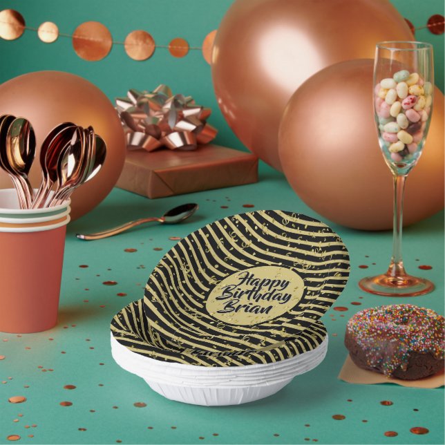 Cuencos De Papel Nombre | Feliz cumpleaños Black/Gold Simple Stripe (Multi)