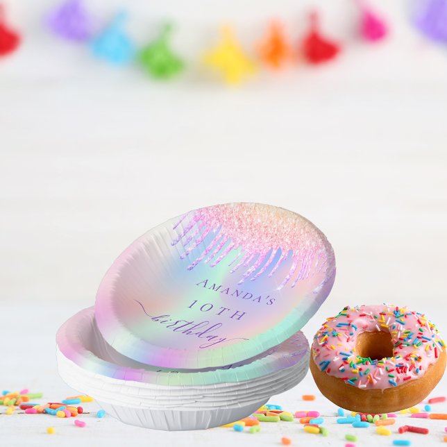 Cuencos De Papel Nombre holográfico del purpurina púrpura de cumple (Subido por el creador)